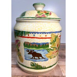 RARE Harvest Lodge Vintage Ceramic Moose & Cabin Themed Canister Jar With Lid